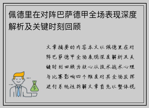 佩德里在对阵巴萨德甲全场表现深度解析及关键时刻回顾